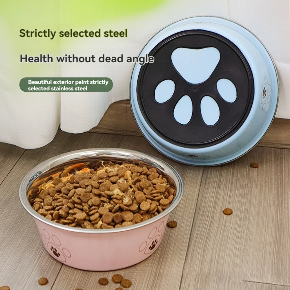 Pet stainless steel footprint dog bowl anti-tip non-slip cat bowl cartoon pet bowl cat supplies cute cat bowl