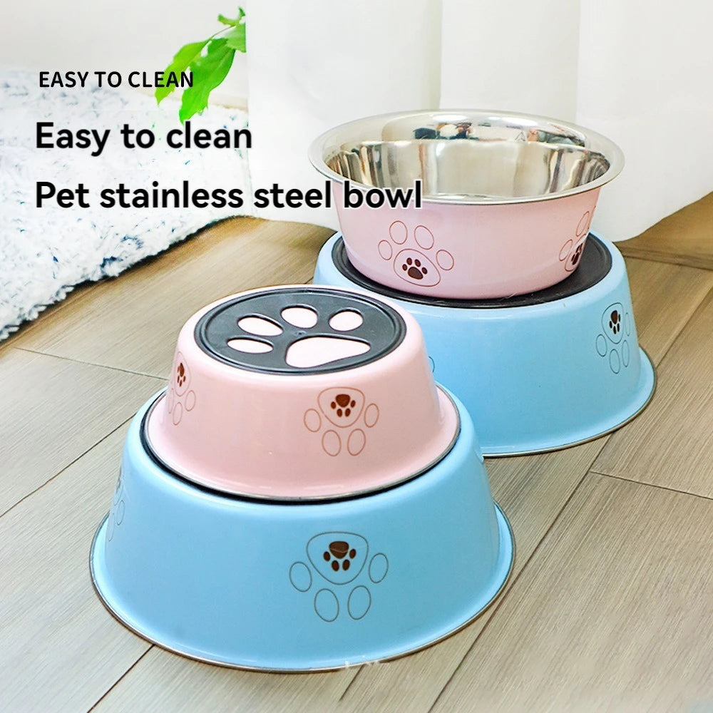 Pet stainless steel footprint dog bowl anti-tip non-slip cat bowl cartoon pet bowl cat supplies cute cat bowl